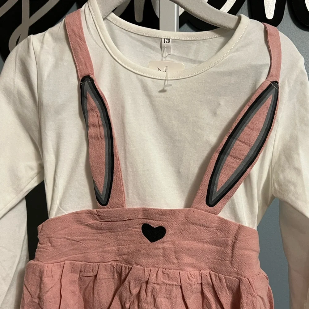 Ruirui Pink Bunny Strap Suspender Dress with White Attached Long Sleeve Top NWOT